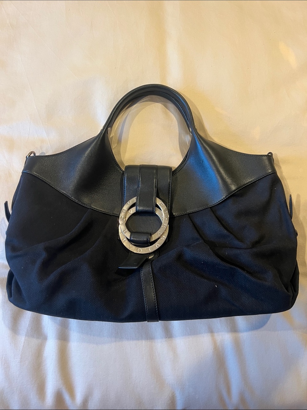 Bulgari Black Shoulder Tote with Silver Ring Detail